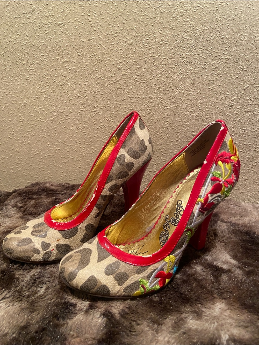 naughty monkey Leopard Print Pumps with Red Trim and Floral Embroidery